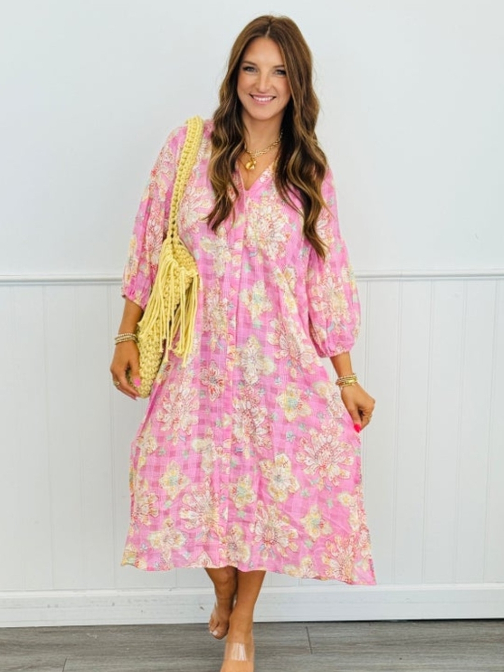POL Pink Floral Midi Dress with V-Neck and Balloon Sleeves